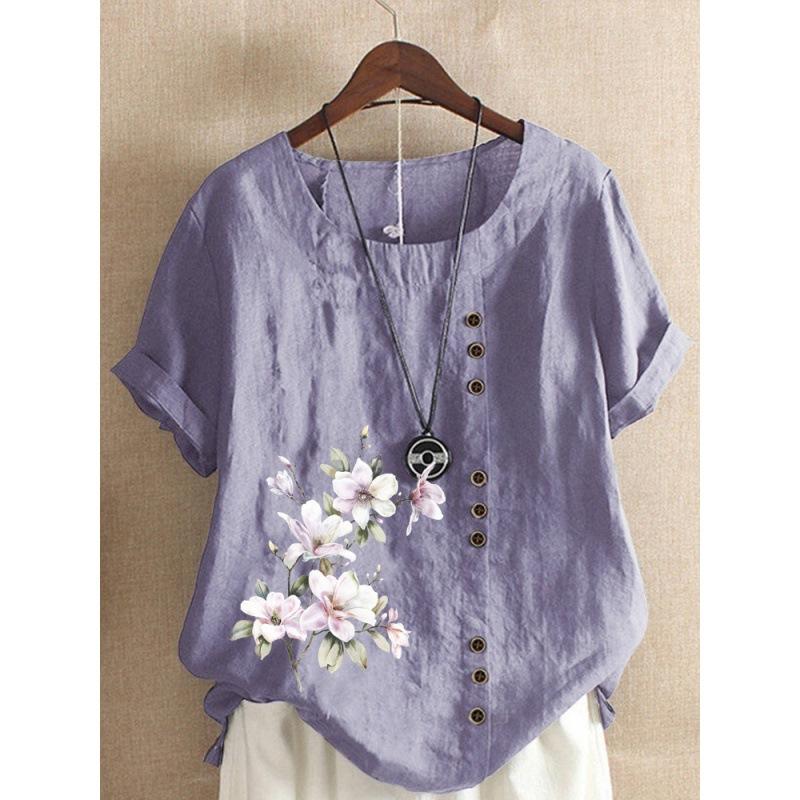 Autumn Vintage Cotton and Linen Printed Loose Casual Shirt with Short Sleeves for Women