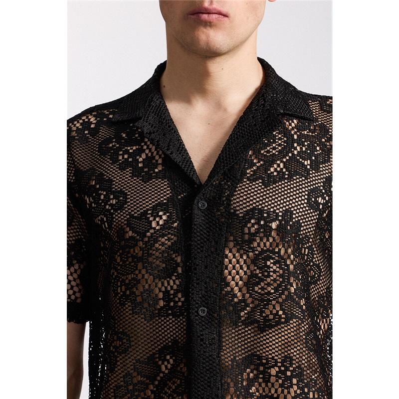 Summer Men's Mesh Lace Knit Short Sleeve Shirt Streetwear Hollow-Out Dance Perspective Shirts Nightclub Disco Performance Tops