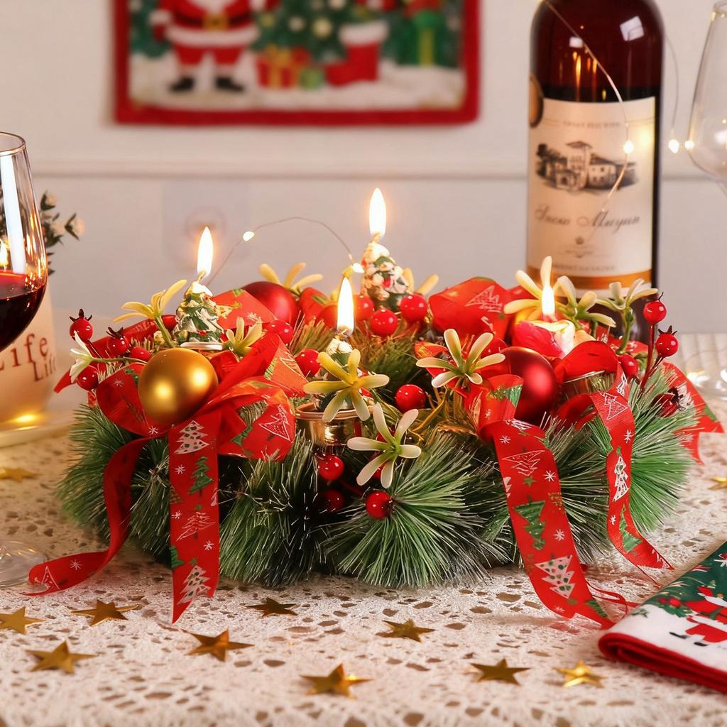 Christmas Wreath Candlestick Ornaments, Simulated Wreath Candlestick Desktop Decorations And Wall Hangers