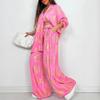 Casual Wide-Leg Pants Set with Gold Floral Print, Multiple Colors