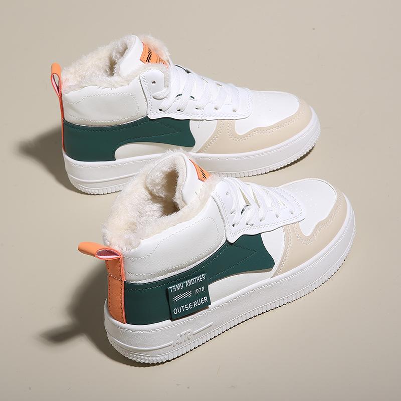 Women's Winter Plush Lined High-Top Sneakers Outdoor Slip-On Faux Fur Lined Short Booties Warm Running Sport Shoes Faux Leather Snow Boots for Female