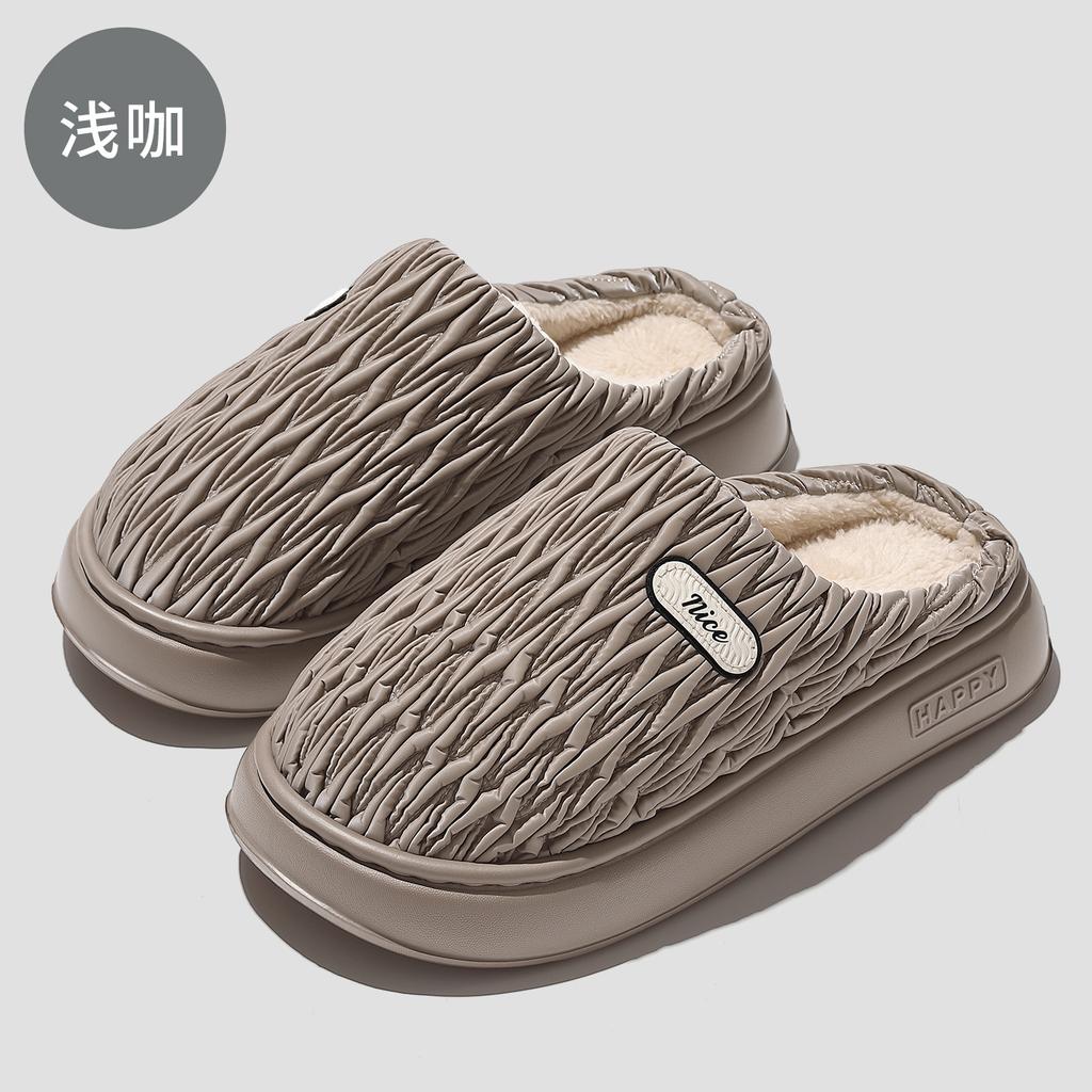 pu waterproof cotton slippers autumn and winter new couple home indoor thick plush warm soft bottom cotton mop