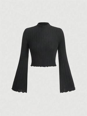 Long Sleeve Crop Top Phumee Mock Neck Flared Sleeves  Rib-knit  A1814