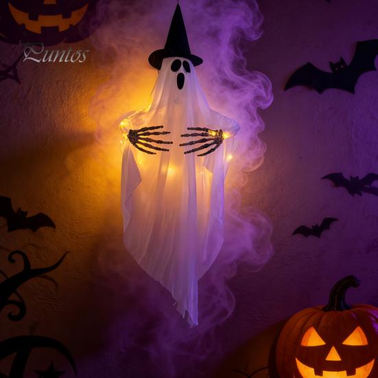 Halloween Hanging Decorations Ghost with Witch Hat, Light Up Spooky Party Backdrop Outdoor Decor for Porch Tree, Haunted House Scene Ornament Festive