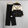 Women's Double-Breasted Knitted Suit: Two-Piece Set with Wide-Leg Pants and Suit Collar