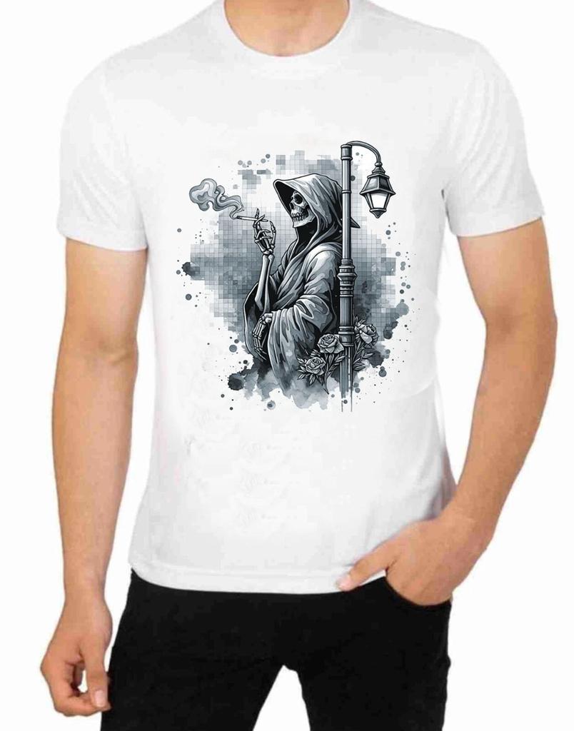 The Grim Reaper On A Smoking Break T-Shirt Skull Face Character Drawing Art