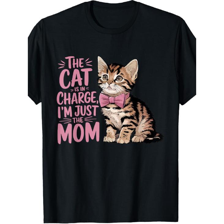's Funny Cat Mom T-Shirt - "The Cat Is in Charge I'm Just the Mom" Slogan with Tabby Kitten & Pink Bow Tie Print - Soft Short Sleeve Round Neck Tee