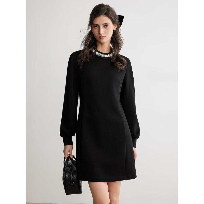 ELLE Elegant Black Diamond Chain Long-Sleeve Dress