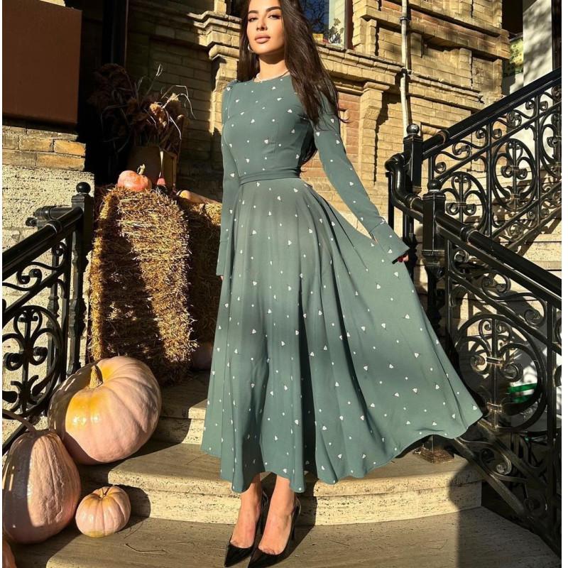 2026 Elegant Print Long Sleeve High Waist Tie-Up Women s Dress S