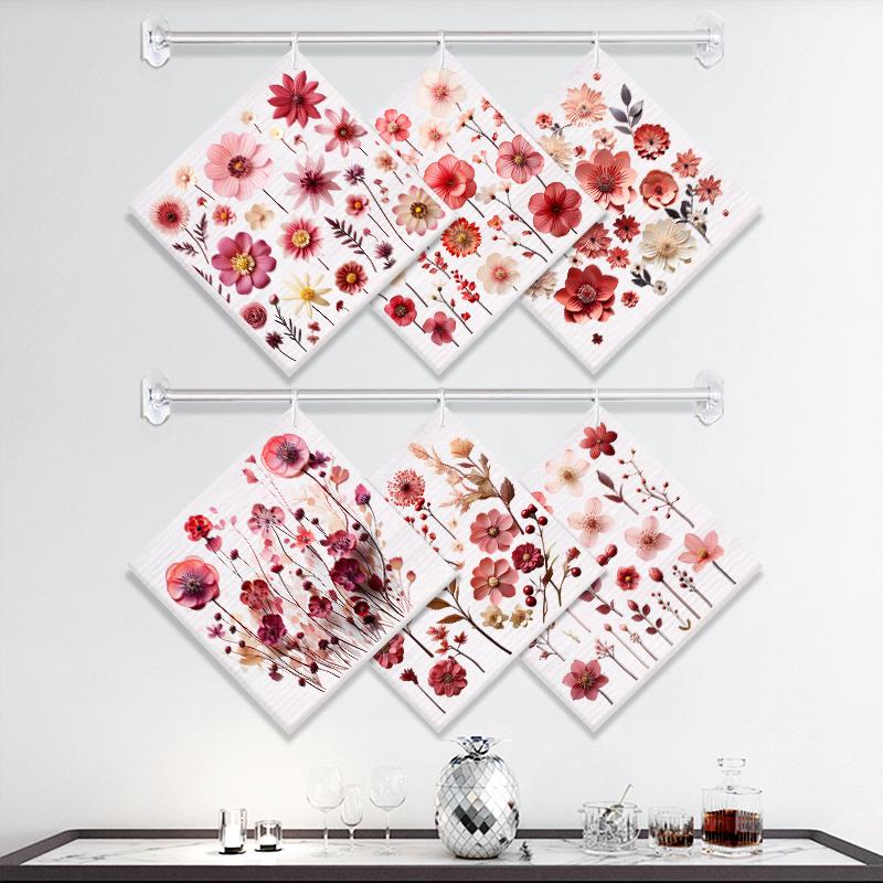 6PCS Red Flowers Print Swedish Dishcloths Eco-Friendly Kitchen Dish Rags Absorbent Dish Towels Reusable Washable Cleaning Cloth