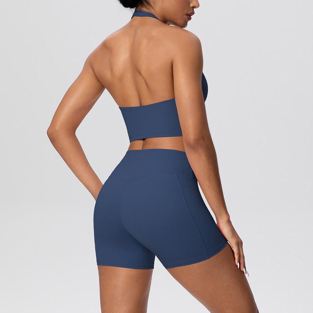 Solid Color Cross-Border Yoga Suit Set: Brushed Hanging Neck Vest with Pocket Pants and Fitness Shorts for Women