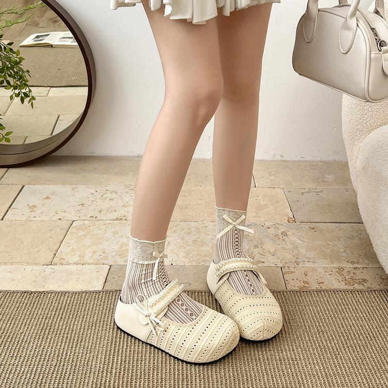 2025 New Summer Thick-soled Heightening Woven Bag Head Half Slippers Women Wear Versatile Mesh Bow Pearl Shoes