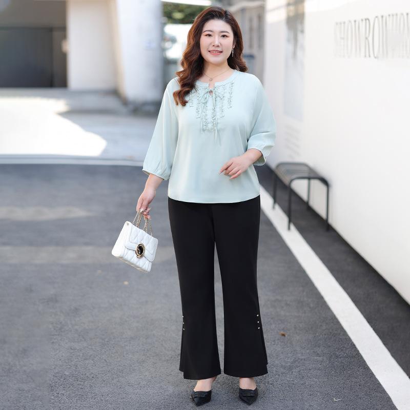 Slightly Flared Casual Pants Plaque-sized Women's Clothing Youthful and Slimming Loose and Tight High-waisted Elastic Long Pants