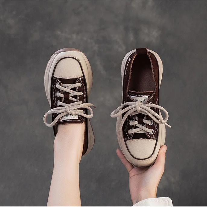 Johnature Genuine Leather Thick Soled Casual Women's Shoes Round Toe Comfortable Lace-up Flat Platform Shoes