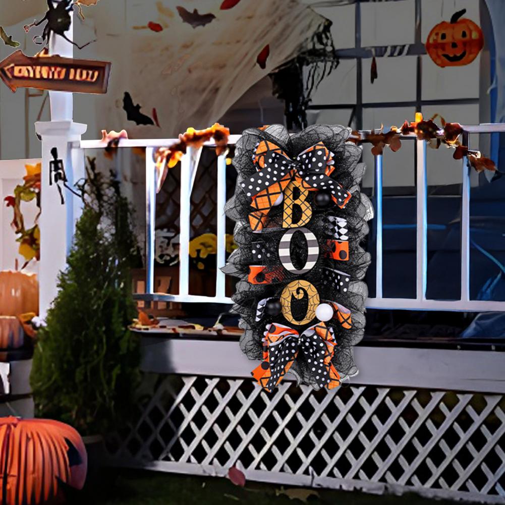 Halloween Wreath Outdoor Spooky Halloween Swag Wreath with Mesh Ribbon Boo Garland for Front Door Party Decor Ornaments for Wall