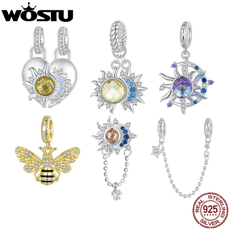 WOSTU 925 Sterling Silver Sun and Moon Charms Detachable Crystal Pendant Yellow Bee Bead Fit Original Bracelet DIY Jewelry Gifts