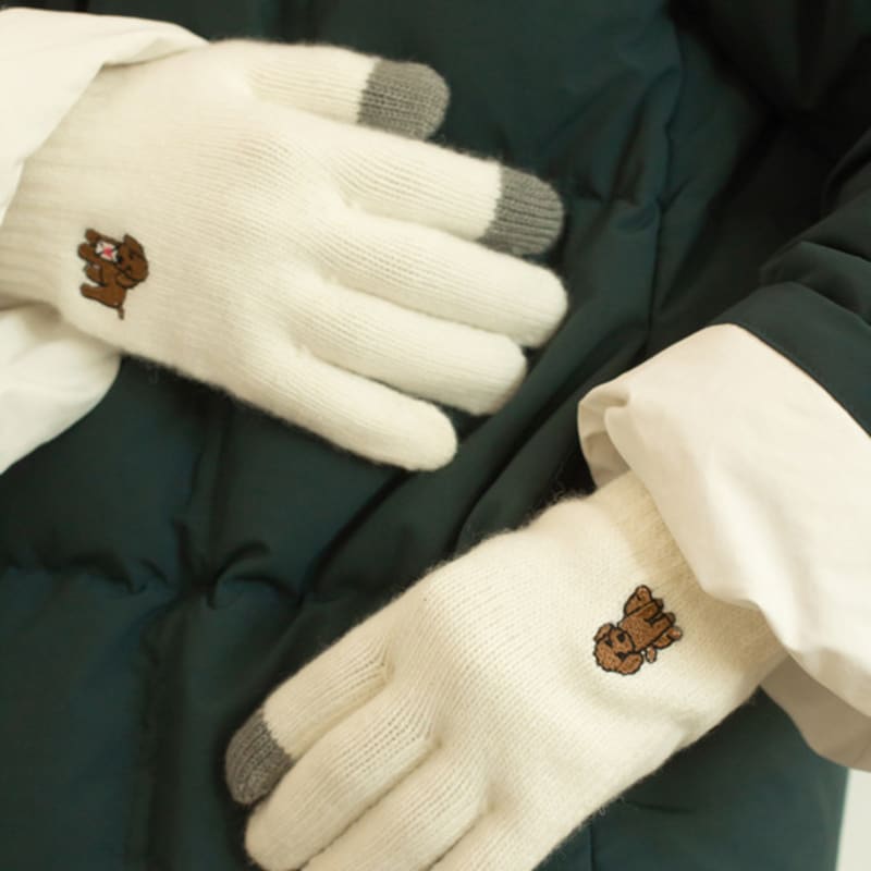 SNOOZY Poodle Embroidered Wool Knit Gloves Ivory