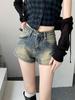 Shorts en jean rétro bleu taille haute pour femme - Short moulant coupe A amincissant avec élastique, Jambe large délavée, Style fille américaine sexy été 2026