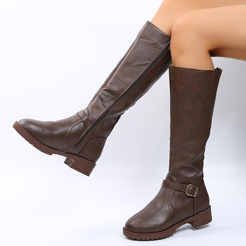 Women's leather boots 2025 Spring and Autumn new low heeled long tube boots European and American style knight boots high tube