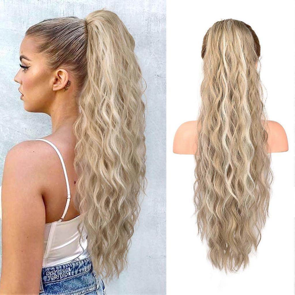 ZENGO Ponytail Extension, 26" Long Beach Wave Drawstring Pony Hair Extension Synthetic Pony Tail Hairpiece for Women - Ash Blonde with Highlights