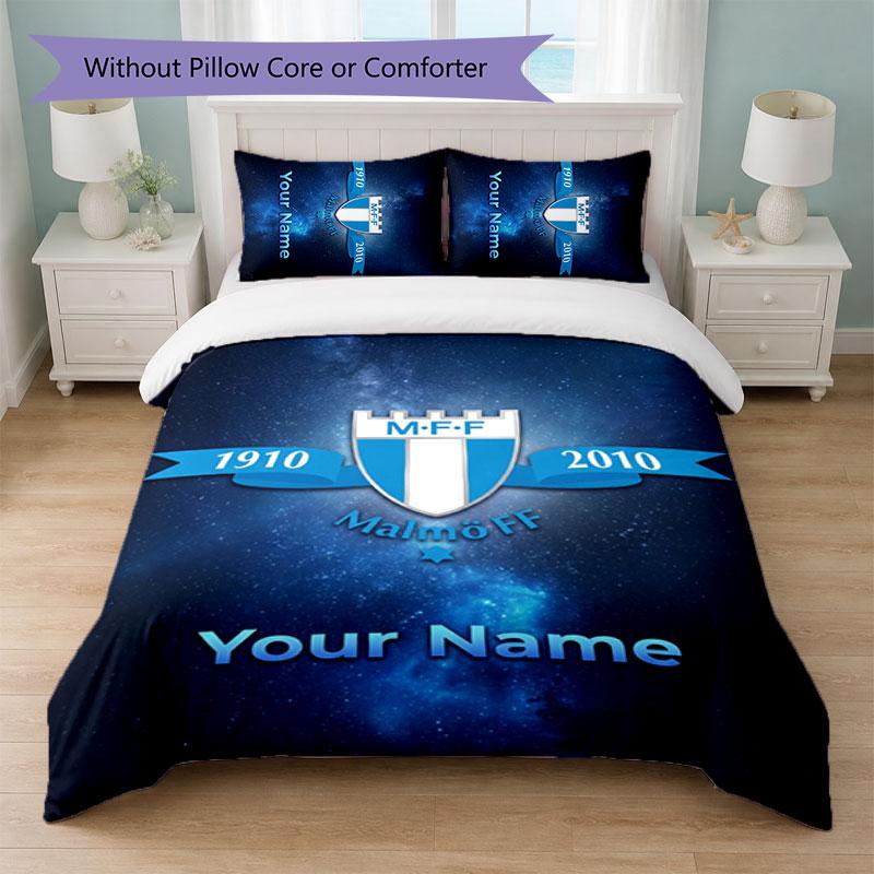Malmö FF Custom Name Text Bedding Set 1 Duvet Cover+2 Pillowcases Soccer Logo Personalized Gift For Special Occasion Bedroom Decor