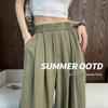 Ice Silk High-Waisted Wide-Leg Pleated Pants for Women - Summer, Lightweight, Slimming, Floor-Length, Casual, Petite Fit