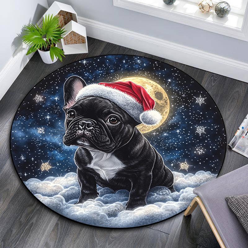 Christmas French Bulldog Round Area Rug,Carpet Rug for Living Room Bedroom Sofa Playroom Decor,Non-slip Floor Mat