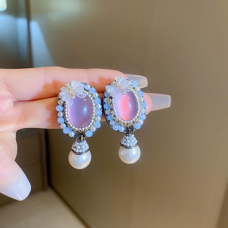 Silver Needle Luxury Zircon Flower & Butterfly Pearl Earrings - High-End French Retro Autumn/Winter Style