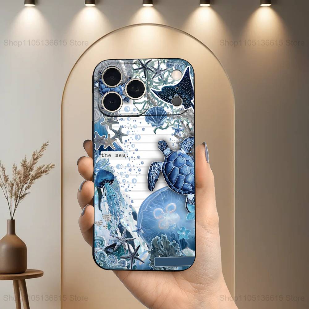 

Синий Океан Арт Чехол с Морской Черепахой Для iPhone 11,12,15,14,13,16,17,Plus,Pro Max,XS,X,XR,SE,Mini,8,7,Мягкий Силикон Черный iPhone14