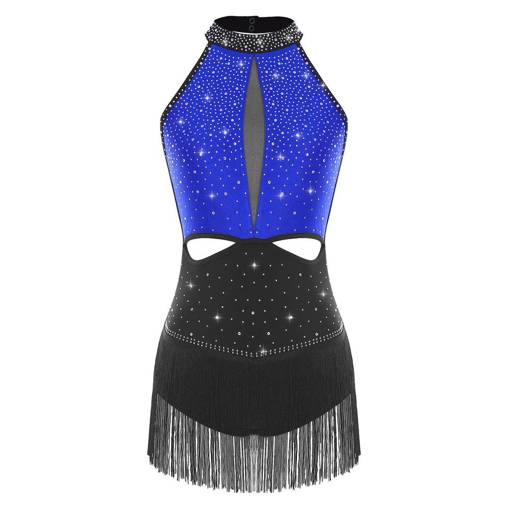 Dámský latinsko-jazzový taneční dres po celém povrchu s kamínky, třásňovou sukní, bez zad, kontrastní barvy, body