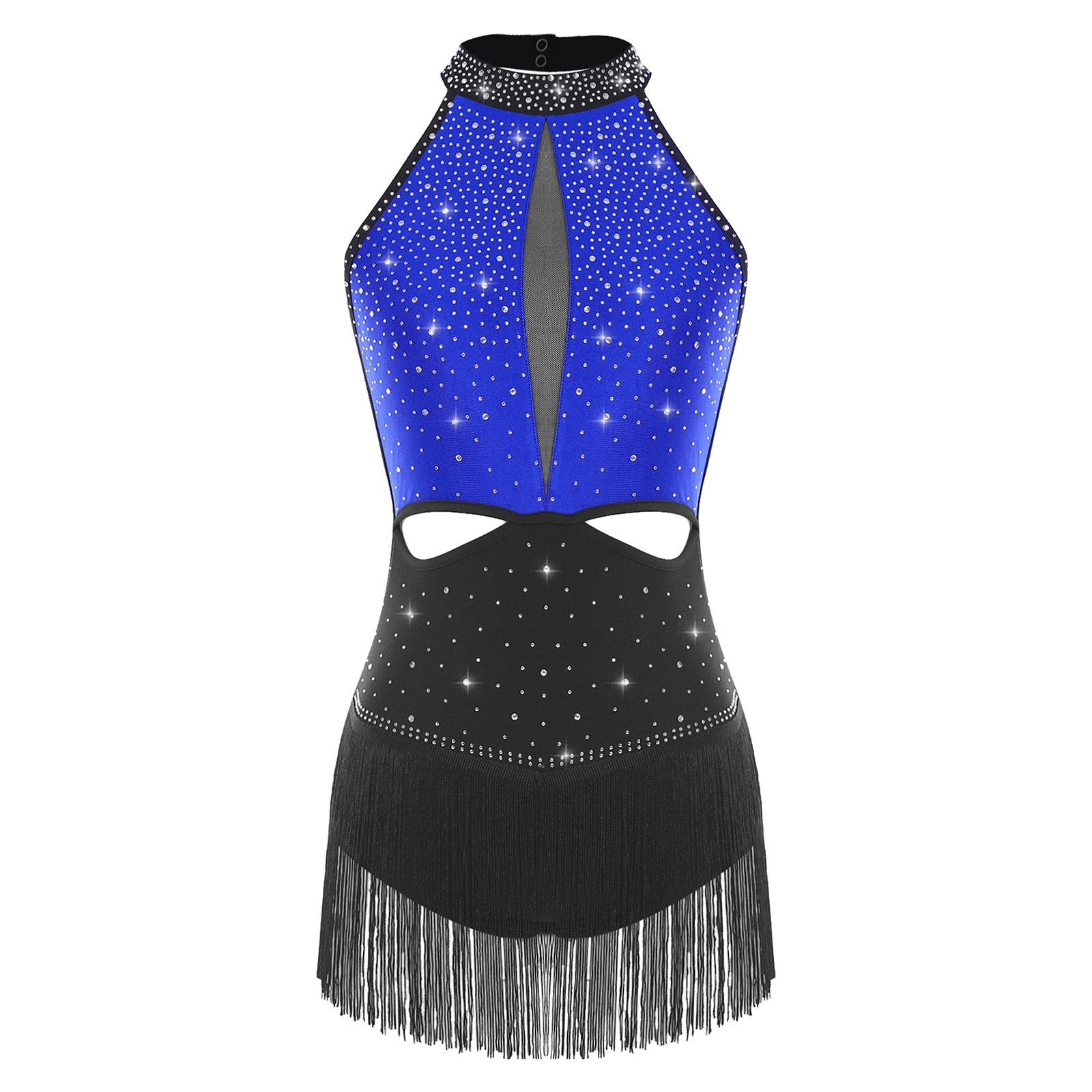 

Womens Latin Jazz Dance Leotard Allover Rhinestones Tassel Skirt Backless Contrast Color Bodysuit S королівський синій колір