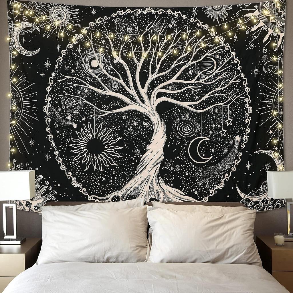 Bohemian Celestial Tree of Life Tapestry Wall Hanging Cosmic Stars Boho Zodiac Moonlight Decor Polyester Art Print