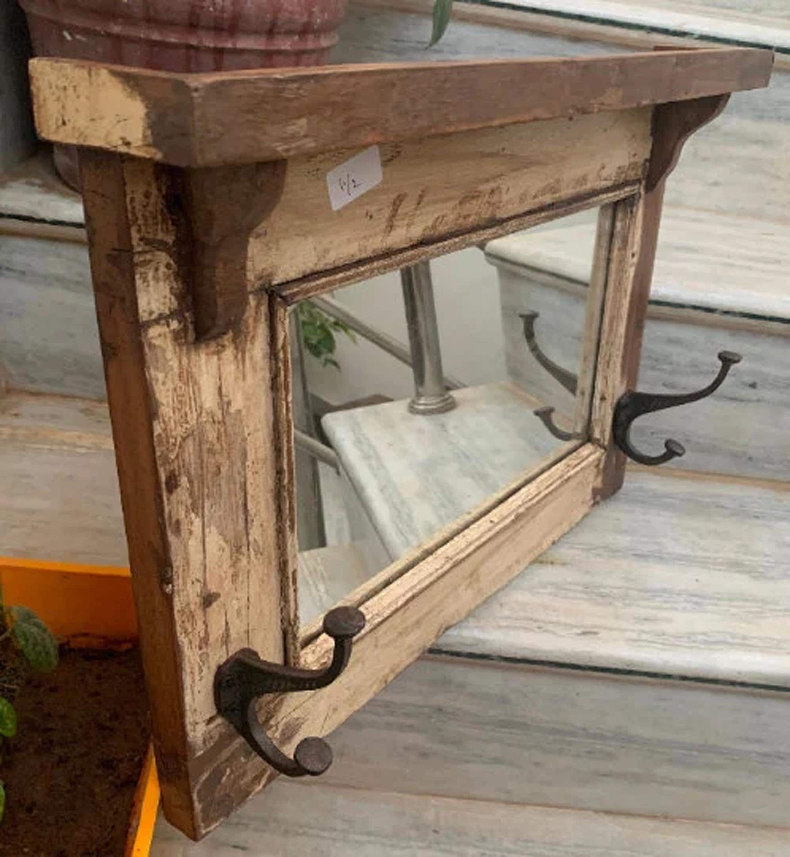 Distressed Wood Mirror Frame with Hooks: Indian Wall Decor 16” X 8” X 24” (l x w x h) разноцветный