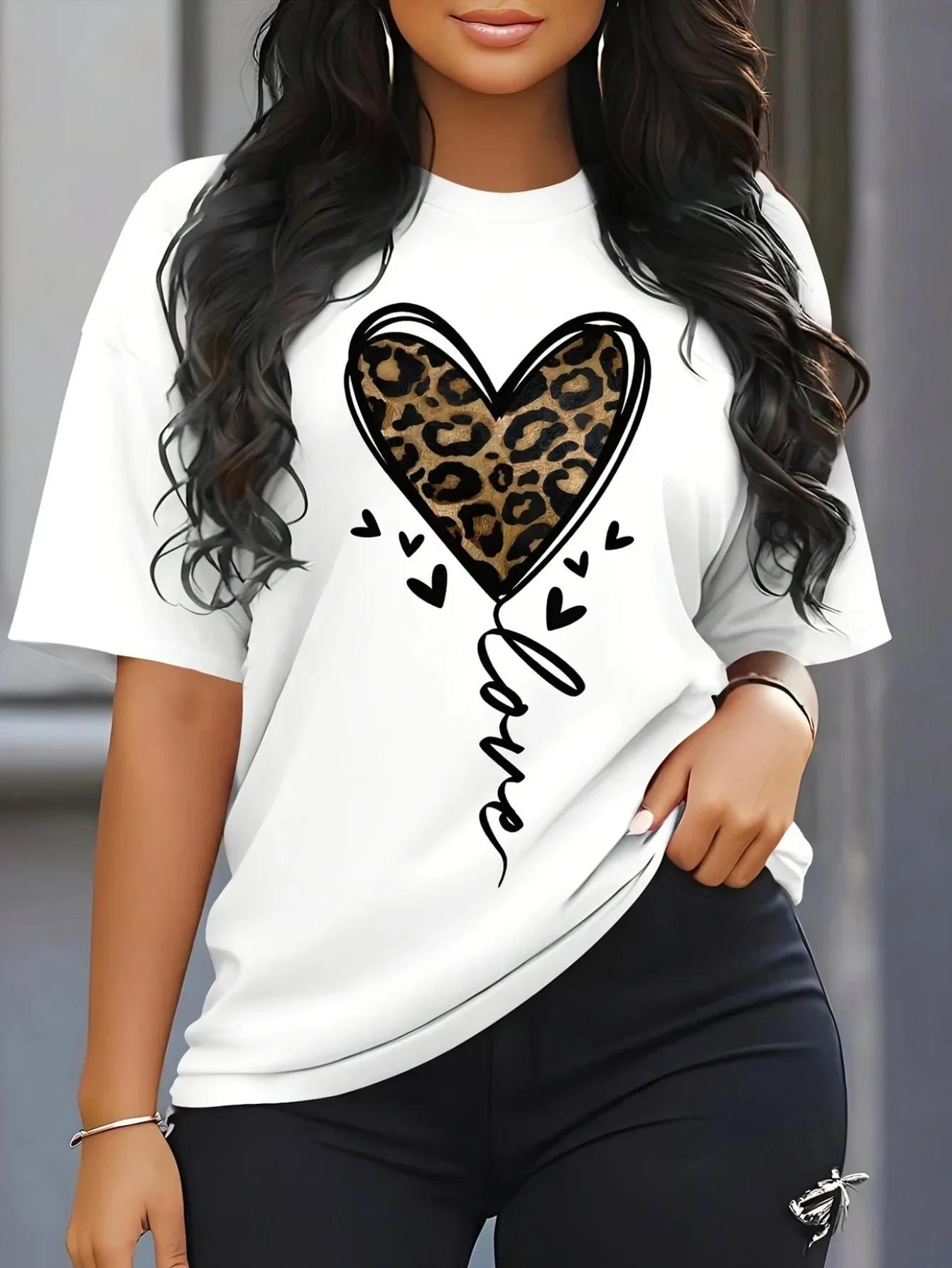 Camiseta elegante de Unisexga corta con cuello redondo para mujeres americanas estampado de leopardodiseño de corazón y S