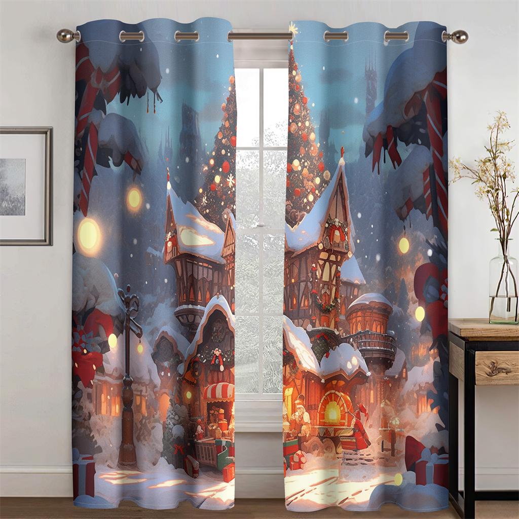 Cartoon Forest Christmas Cottage Curtains Fine Christmas Tree Fit Children's Room Living Room Bedroom Kitchen 2 Pcs