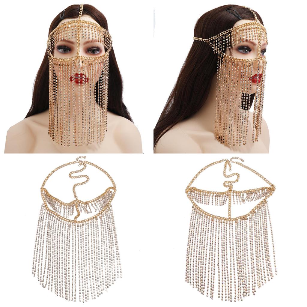 Fashion Rhinestone Decoration With Tassel Design Women Headwear Face Curtain For Nightclub Party And Performance