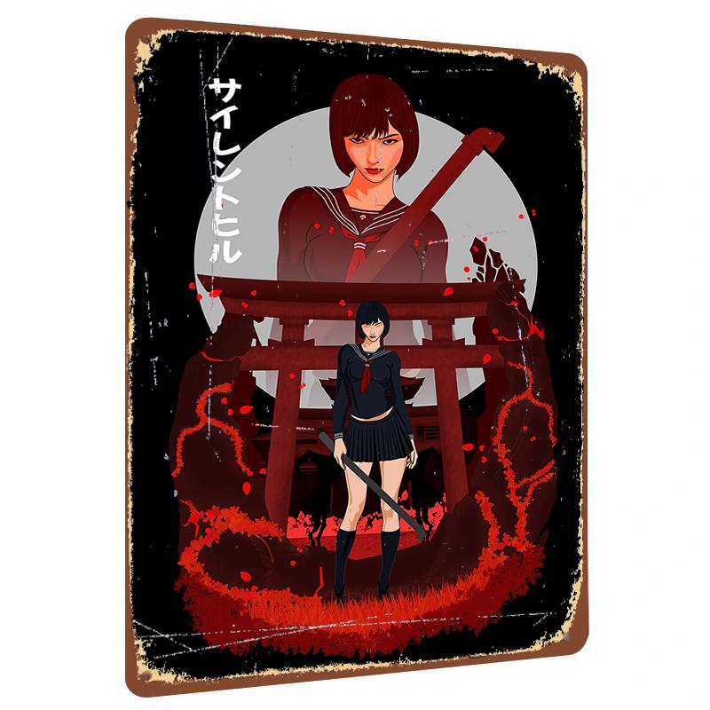 

Dark Japanese Schoolgirl Samurai Metal Wall Art Anime Style Home Decor for Living Room 20x30cm（7.8x11.8inch）
