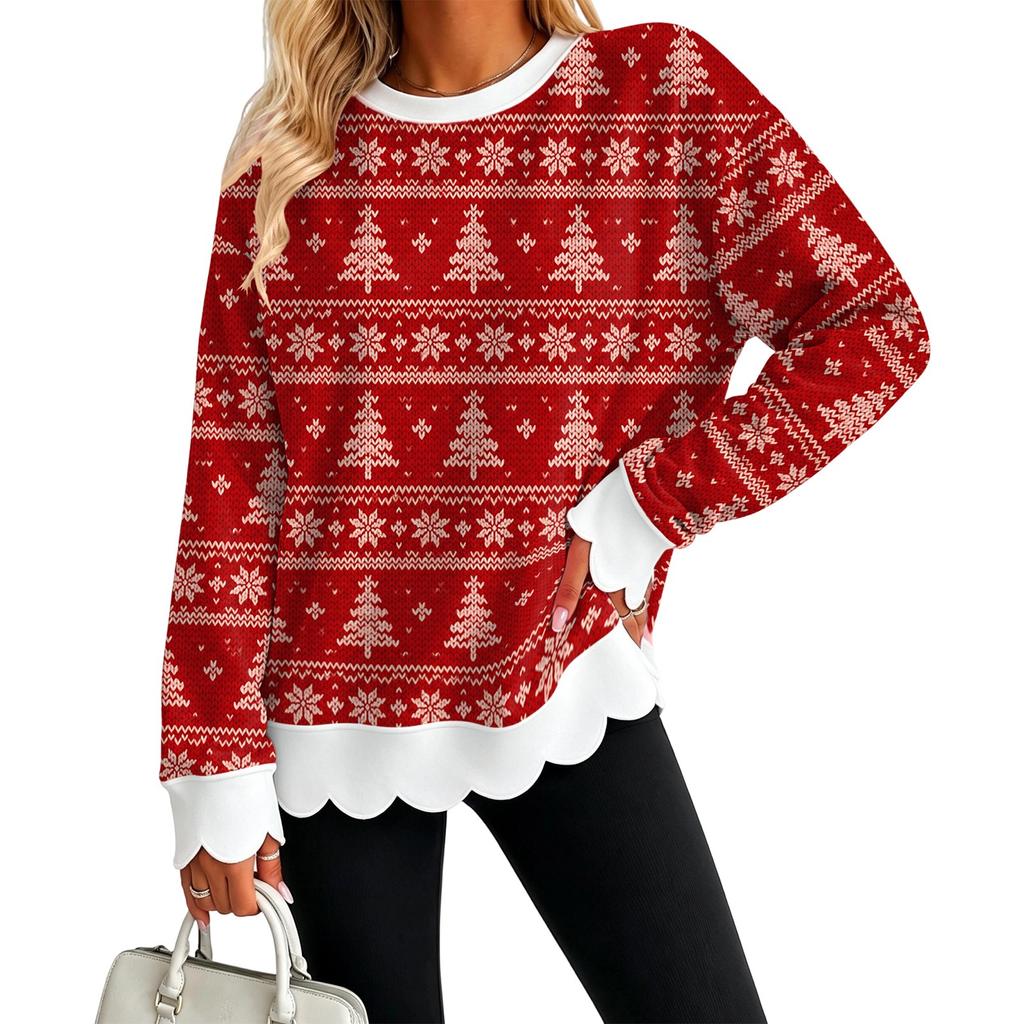 Women's Christmas Print Sweatshirt Neck Scalloped Wavy Hem Pullover Top for Holiday