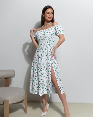 Λευκό-πράσινο ρετρό φόρεμα με τύπωμα και γυμνούς ώμους ISSA PLUS