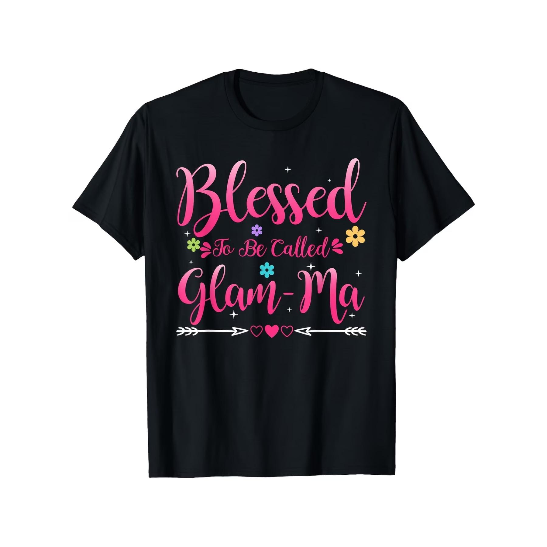 

Women S Blessed To Be Called Glam-Ma Graphic T-Shirt - Ultra-Soft Breathable Black Tee with Pink Floral & Heart Print, Vintage-Inspired Casual Shirt XXL
