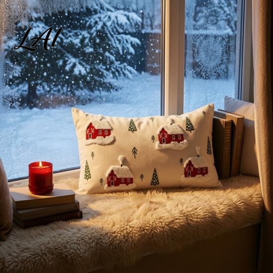 Festive Cushion Covers Christmas Cottage Cover Red Snowy House Pillowcase Decorative Cover Throw Pillow Case for Sofa Couch Farmhouse Home