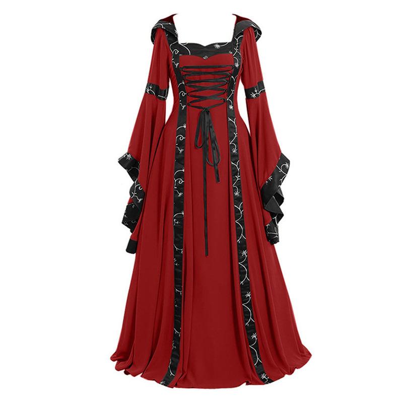 Women's Medieval Vintage Court Style Hooded Dress Square Neck Flared Sleeve Big Swing Dress