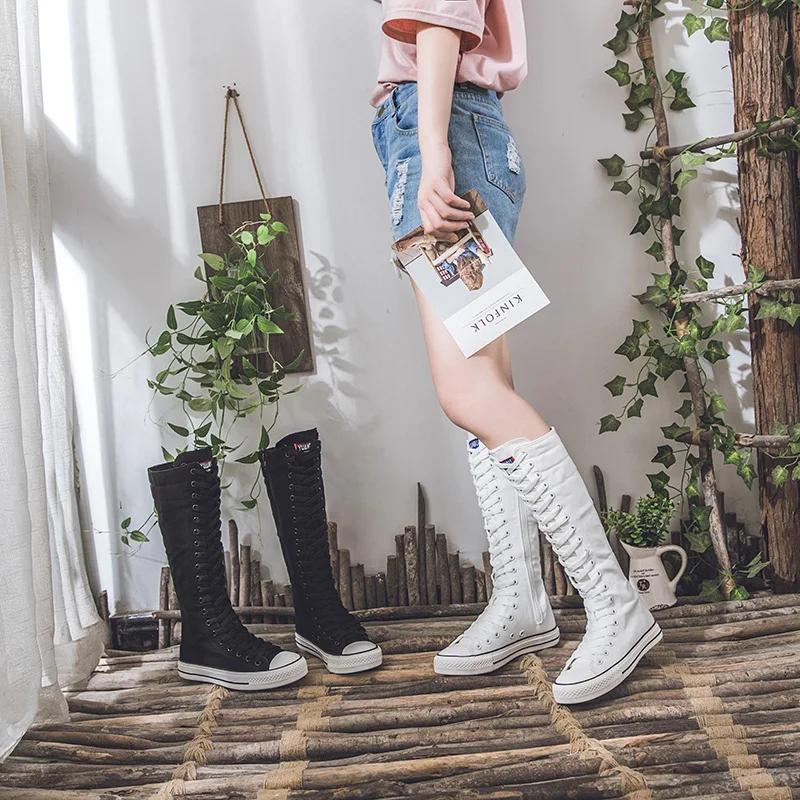 Summer High Top Women's Shoes Knee High Boots Side Zipper Flats Vulcanized Shoes Lace-Up Comfortable Platform Sneakers Female