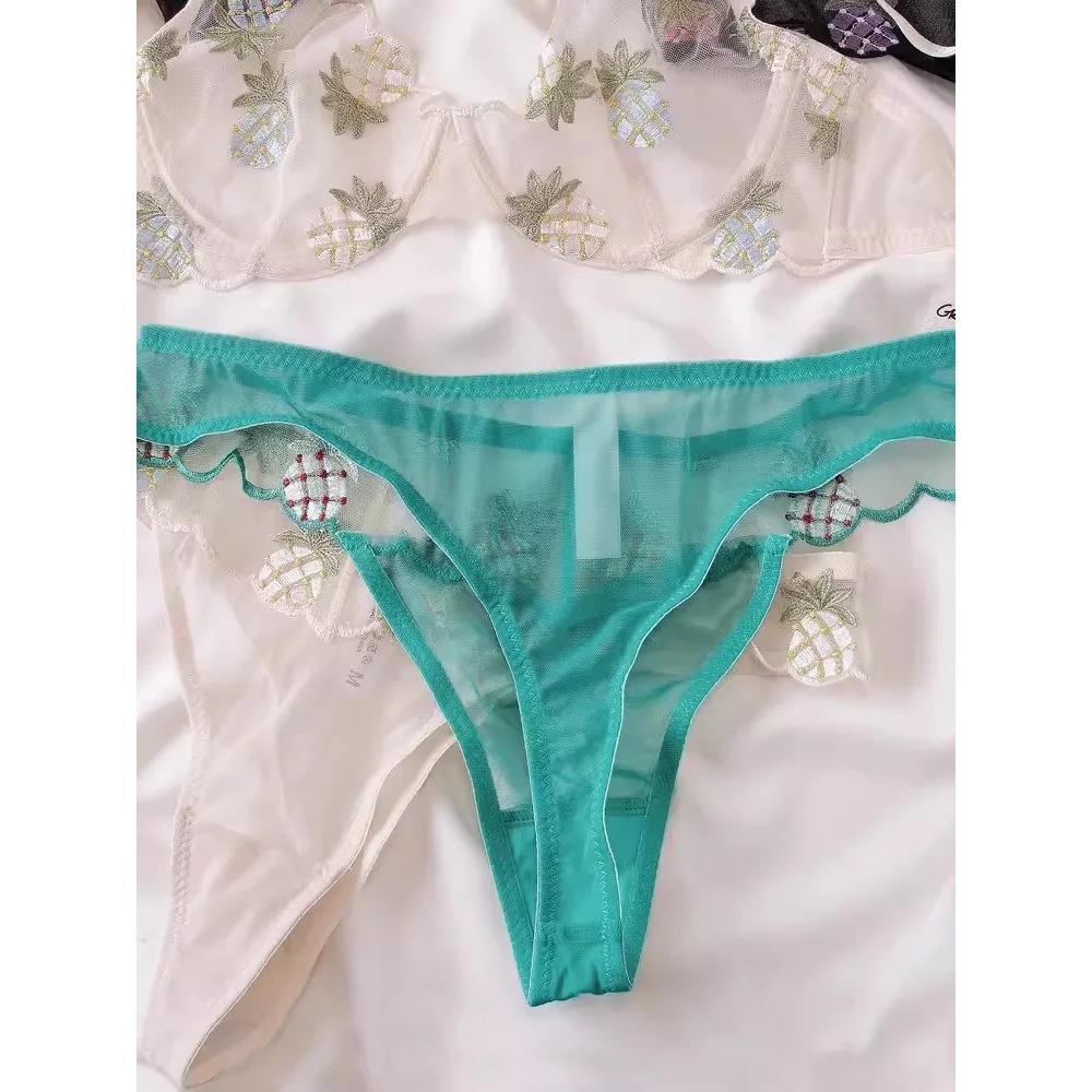 Women Ultra Thin Mesh Pipleneap Embroidery Underwear Sexy Lace Bra Set Fashion French Summer Lingerie Bras and T-back Sets