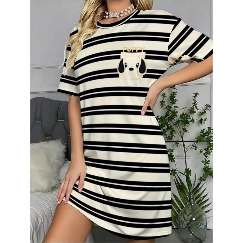 Ladies 3D Colorful Stripe Print Mini Dress Summer Casual Round Neck Short Sleeve Women's Clothing Fashionable Casual Dress