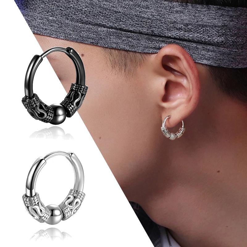 1Pair Punk Stainless Steel Round Circle Totem Hoop Earrings for Men Women Not Fade Ear Rings Hip Hop Male Jewelry Gift
