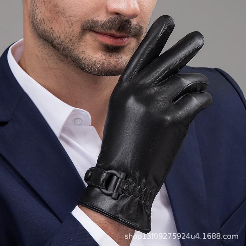 Mens Genuine Leather Sheepskin Gloves With Fleece Lining Warm Touchscreen Winter Driving Riding Windproof Business
