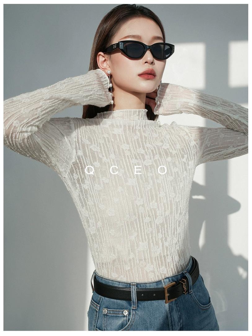 

Women s Autumn/Winter Floral Lace Semi-High Neck Shirt XL (120-140 cm) білий