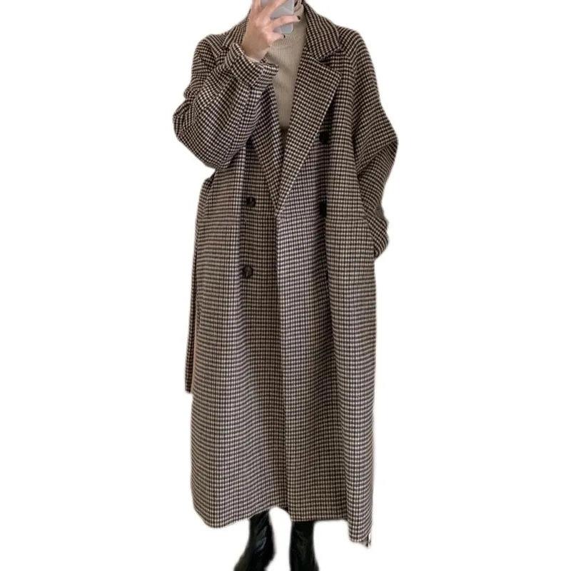 Loose Plaid Woolen Coat for Women Fashion Lapel Slim Women's Jackets Korean Women's Autumn Coat