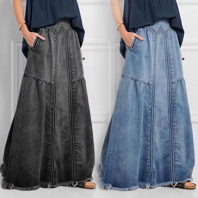 Plus Size Women Spring and Autumn Fashion Skirt Solid Color High Waist Casual Ankle-Length Denim Skirts